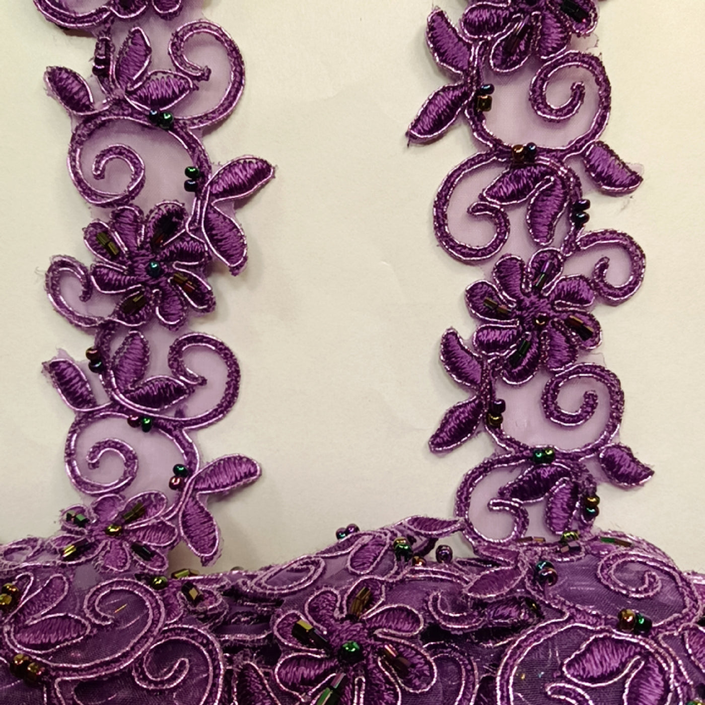 Beaded, Corded & Embroidered Metallic Purple Trimming. Lace Usa