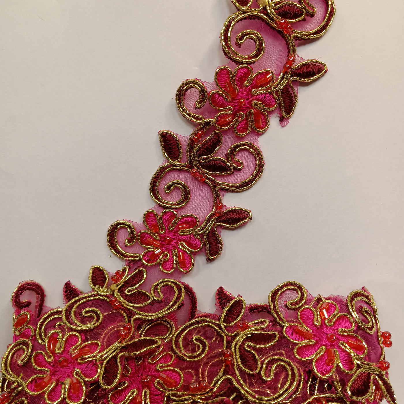 Beaded, Corded & Embroidered Fuchsia with Wine Trimming. Lace Usa
