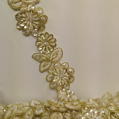 3D Floral Corded, Beaded & Embroidered Ivory with Gold Trimming. Lace Usa