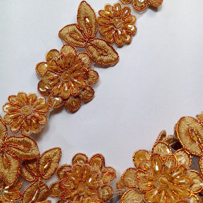 3D Floral Corded, Beaded & Embroidered Bronze Trimming. Lace Usa