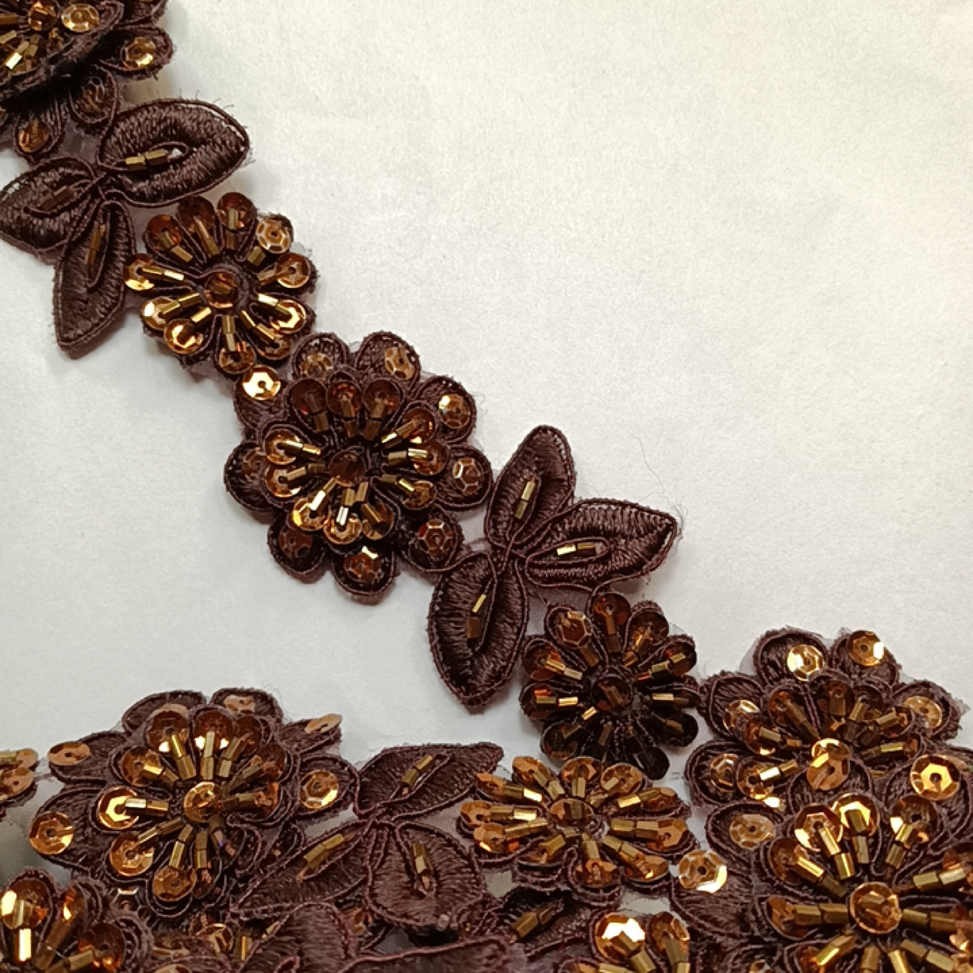 3D Floral Corded, Beaded & Embroidered Chocolate Trimming. Lace Usa