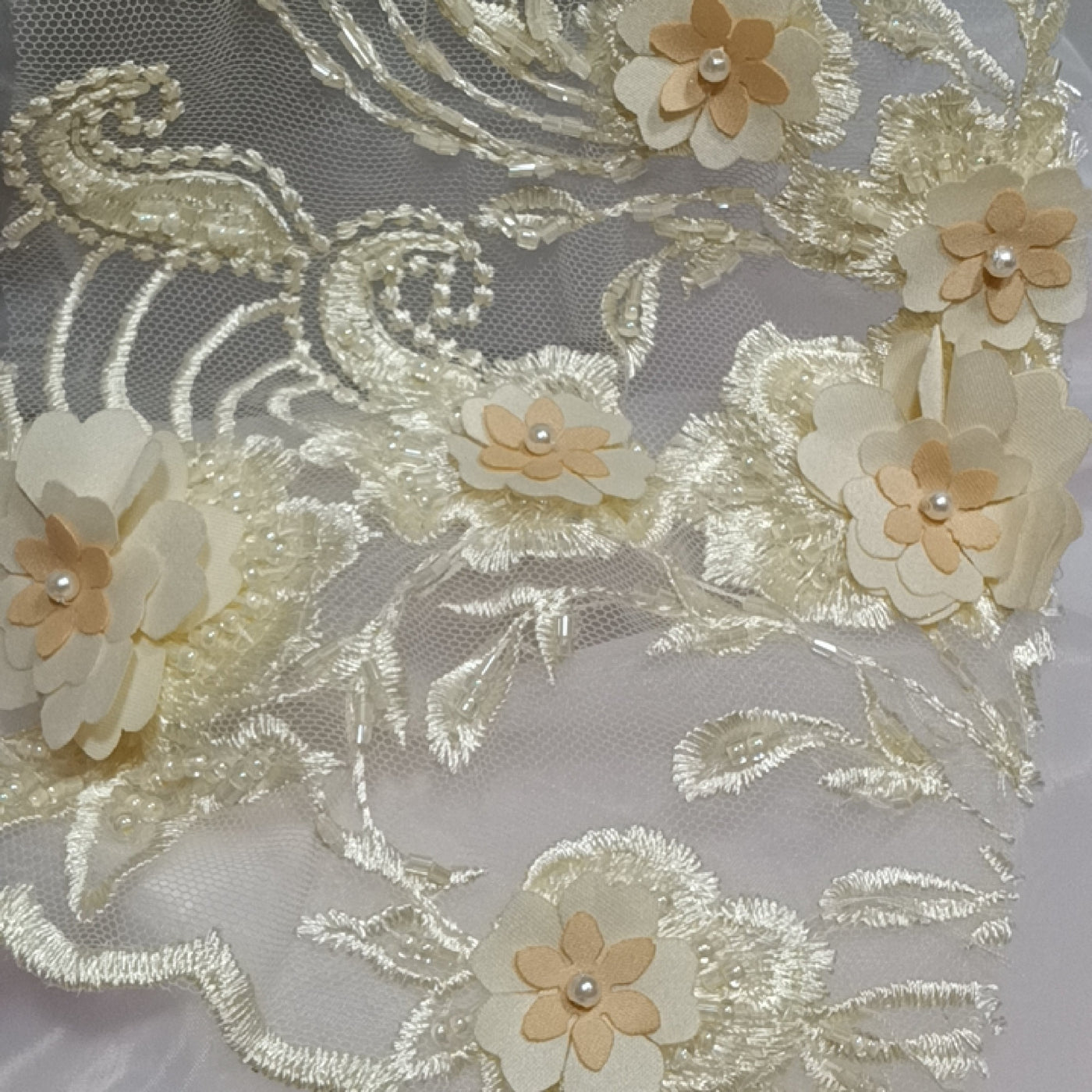 3D Floral Embroidered & Beaded Net Fabric with Beads. Lace Usa