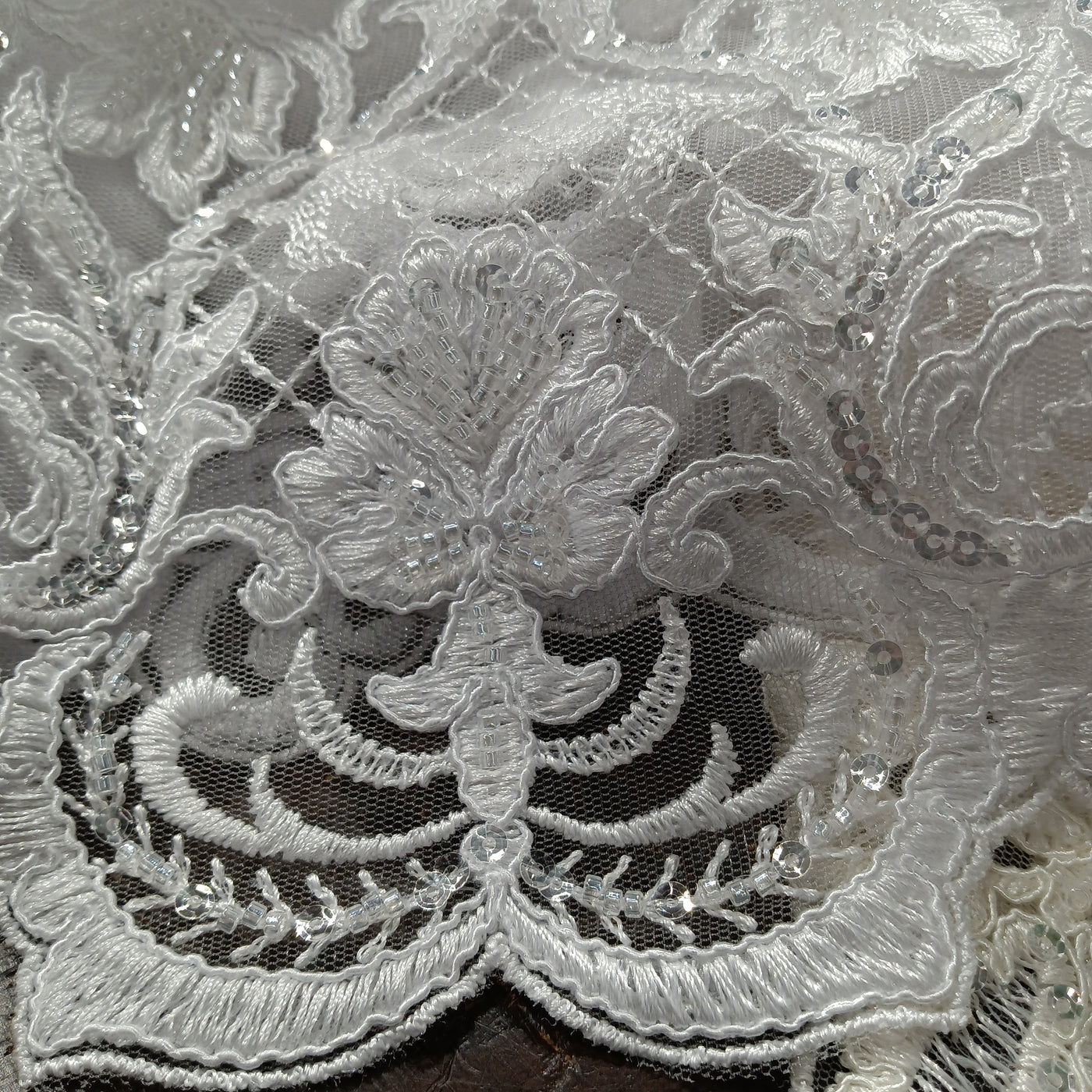 Beaded, Corded & Embroidered on 100% Polyester Mesh Net Lace Fabric. Lace USA