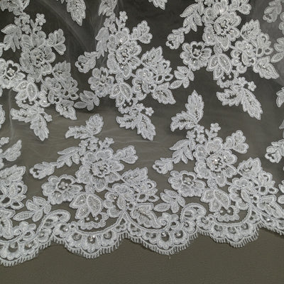 Beaded & Corded Bridal Lace Fabric Embroidered on 100% Polyester Net Mesh | Lace USA - 95409W-BP