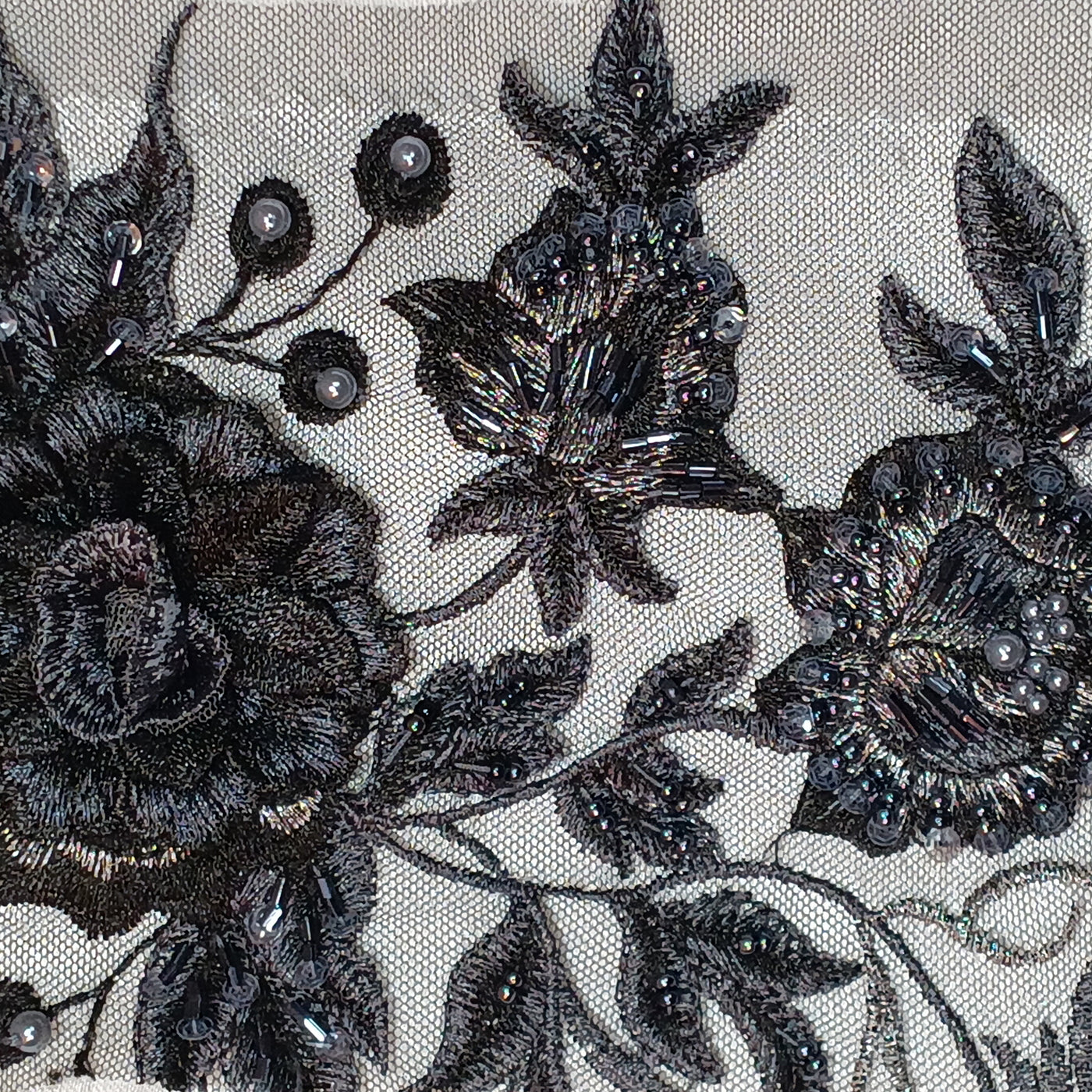 3D Floral Embroidered & Beaded Net Fabric with Beads. Lace USA