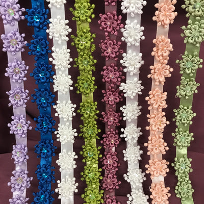 3D Beaded Flower motif on Ribbon Trim Lace Usa