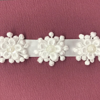 3D Beaded Flower motif on Ribbon Trim Ivory Lace Usa