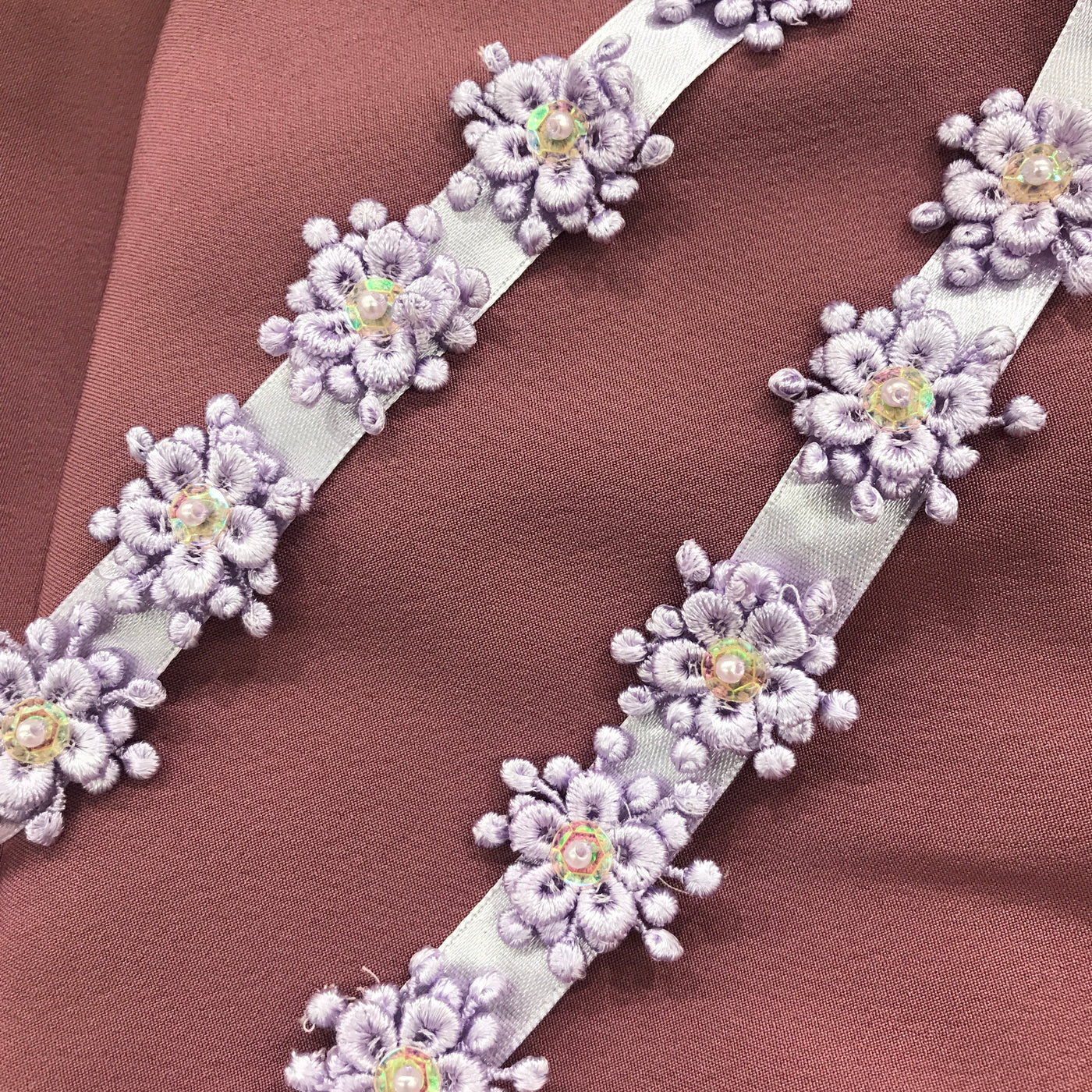 3D Beaded Flower motif on Ribbon Trim Lilac Lace Usa
