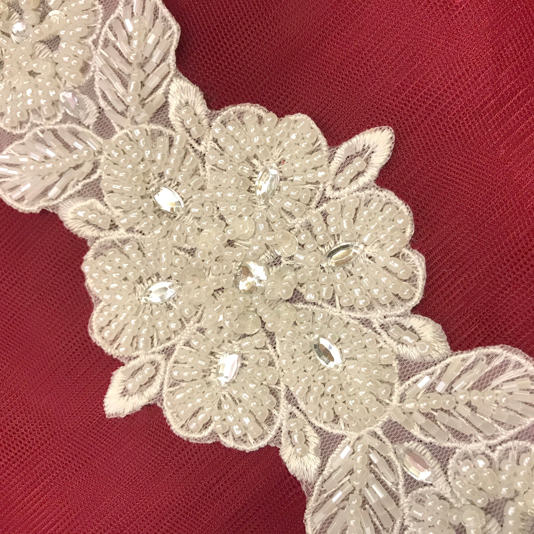 Pearl & Rhinestone Beaded Lace Applique Embroidered on 100% Polyester Net Mesh | Lace USA Pearl & Rhinestone Beaded Lace Applique Embroidered on 100% Polyester Net Mesh | Lace USA