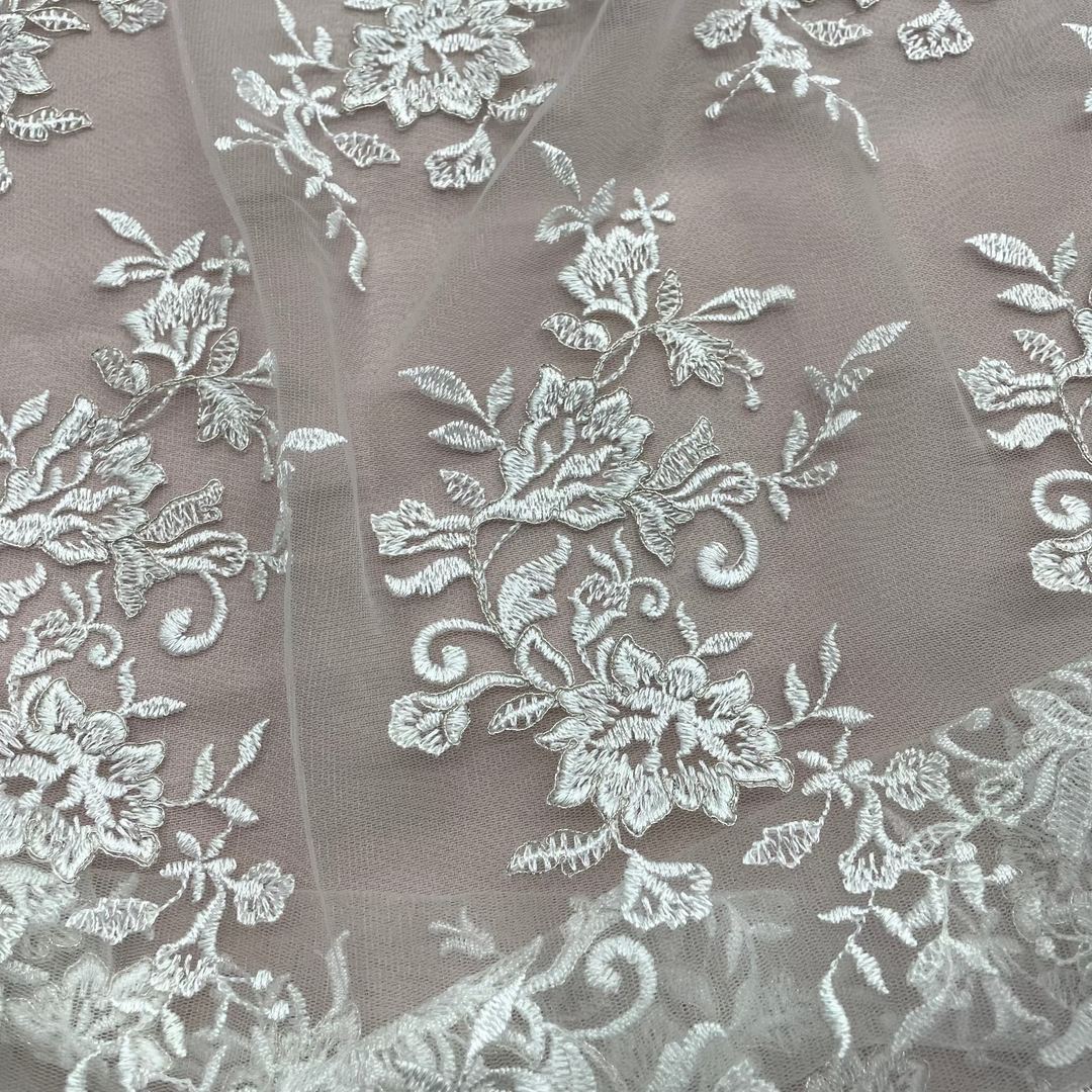 Ivory  with SIlver Cording Bridal Lace Fabric Embroidered on 100% Polyester Net Mesh | Lace USA
