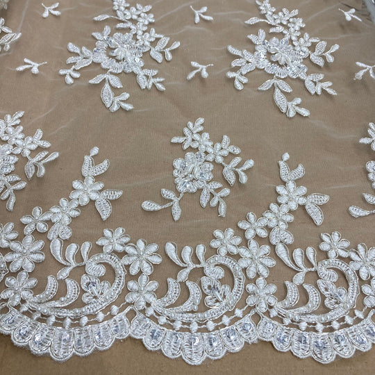 Off White Beaded with SIlver cording  Bridal Lace Fabric Embroidered on 100% Polyester Net Mesh | Lace USA - 91436W-BP