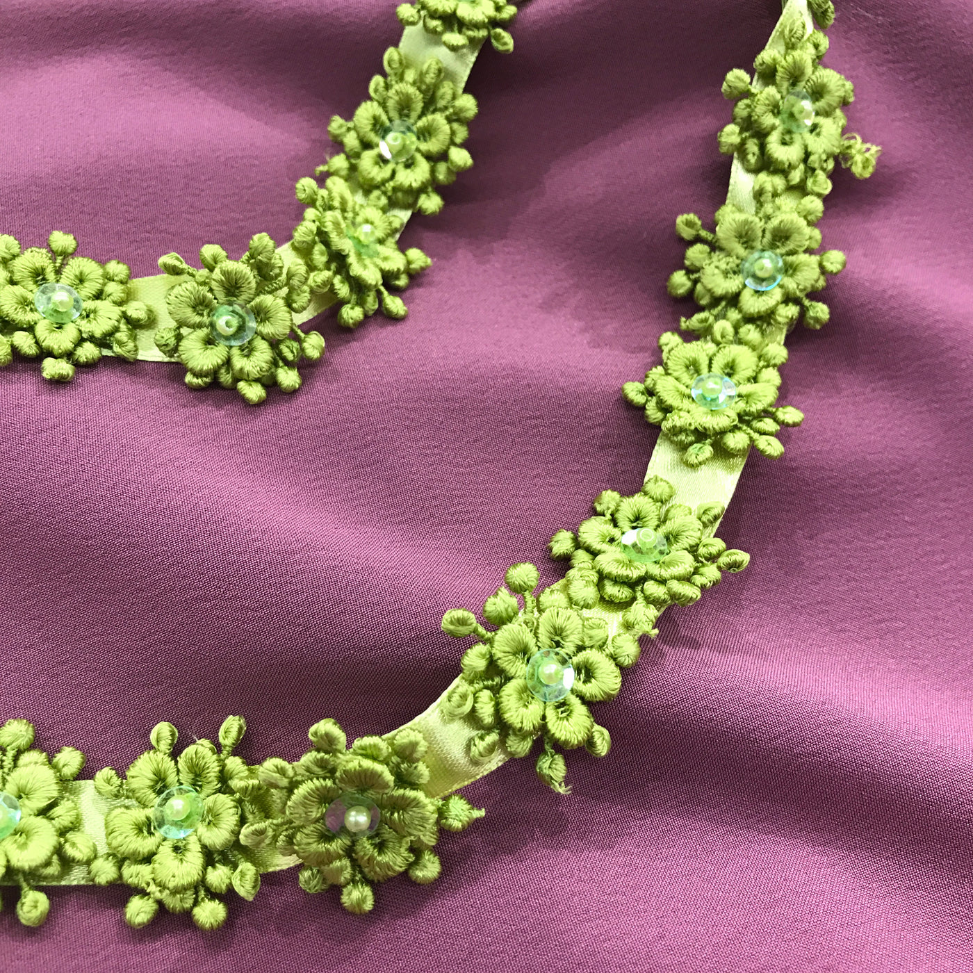 3D Beaded Flower motif on Ribbon Mint Trim Lace Usa