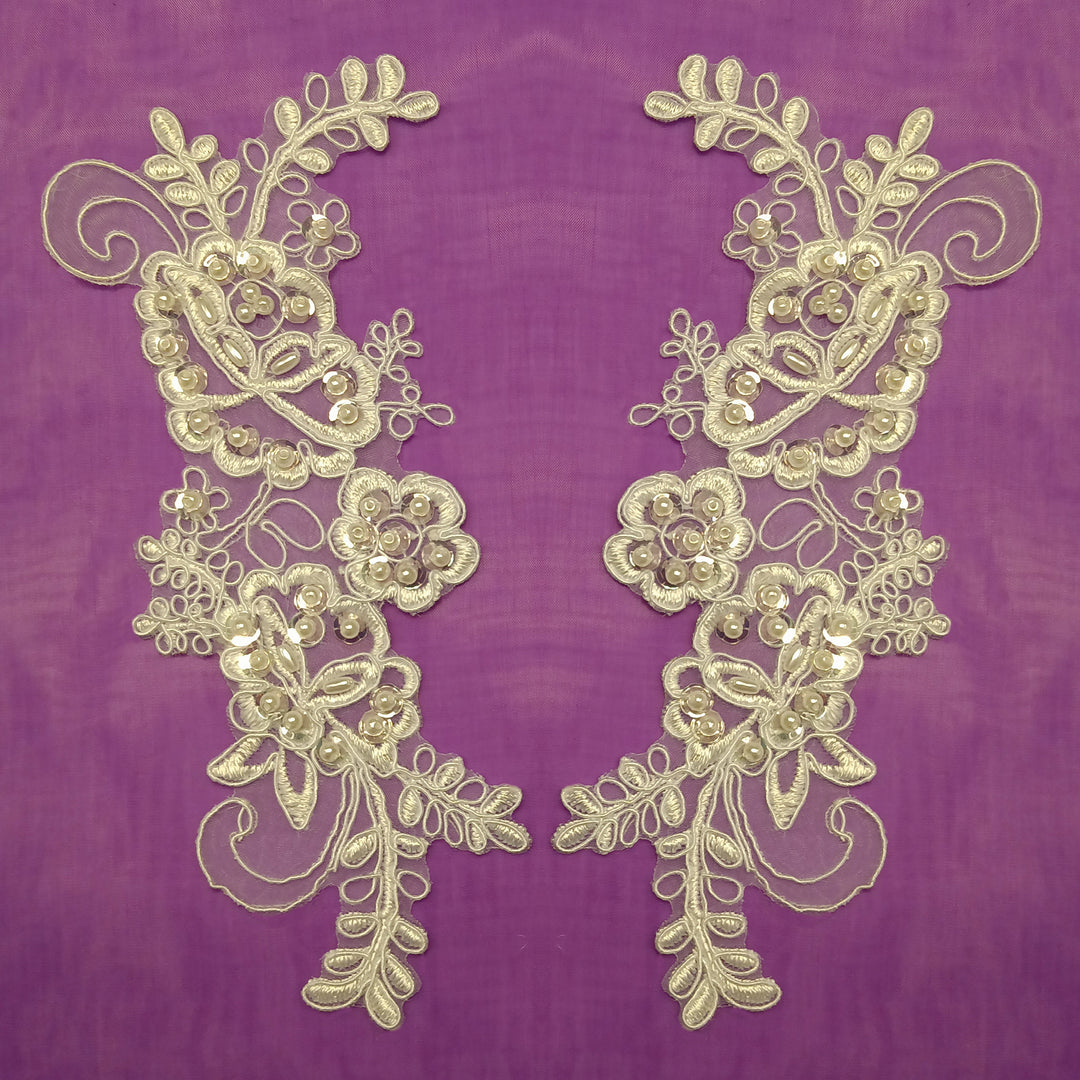 Beaded & Corded Floral Appliqué Lace Embroidered on 100% Polyester Organza or Net Mesh. This can be applied to Theatrical dance ballroom costumes, bridal dresses, bridal headbands endless possibilities. Sold By Pair Lace Usa