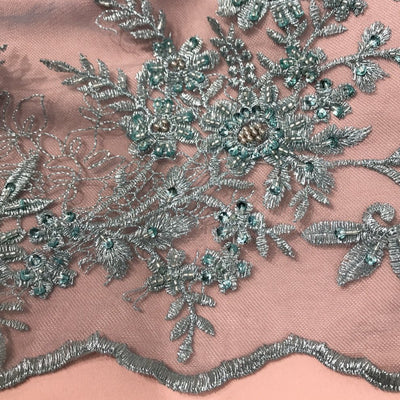 Floral Embroidered Net Fabric with beads and Sequins.  Sold by the yard  Lace Usa