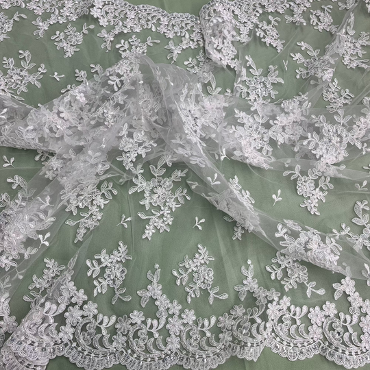 Beaded & Corded Bridal Lace Fabric Embroidered on 100% Polyester Net Mesh | Lace USA - 91436W-BP