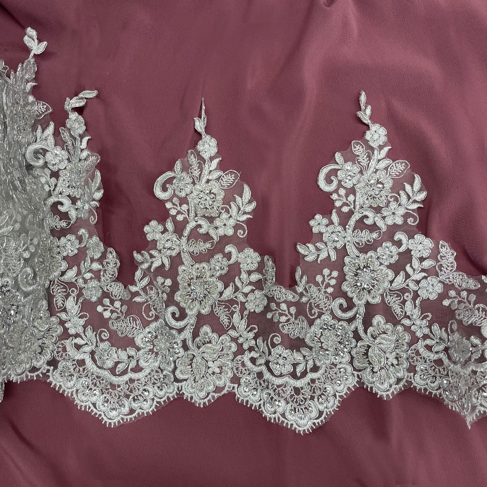 SIlver Corded,  Silver and sequined Beaded Floral Lace Trimming Embroidered on Net Mesh. Lace USA 73001WHB