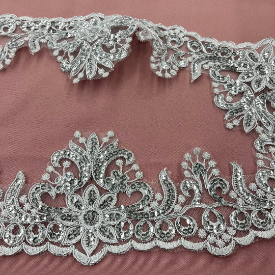 Beaded & Corded Floral Lace Trimming Embroidered on 100% Polyester Net Mesh | Lace USA
