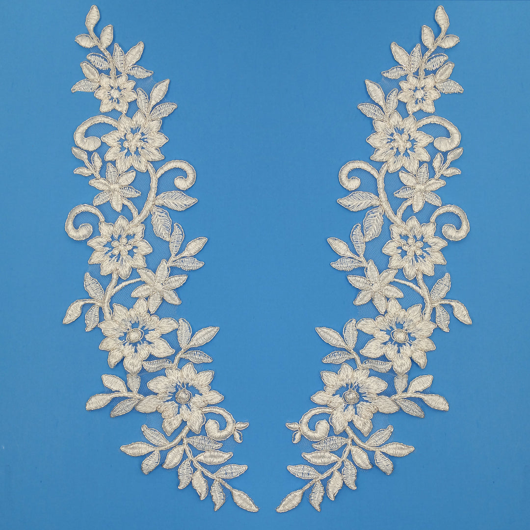 Off White with Silver Floral Applique Embroidered on 100% Polyester Mesh Net. Lace Usa
