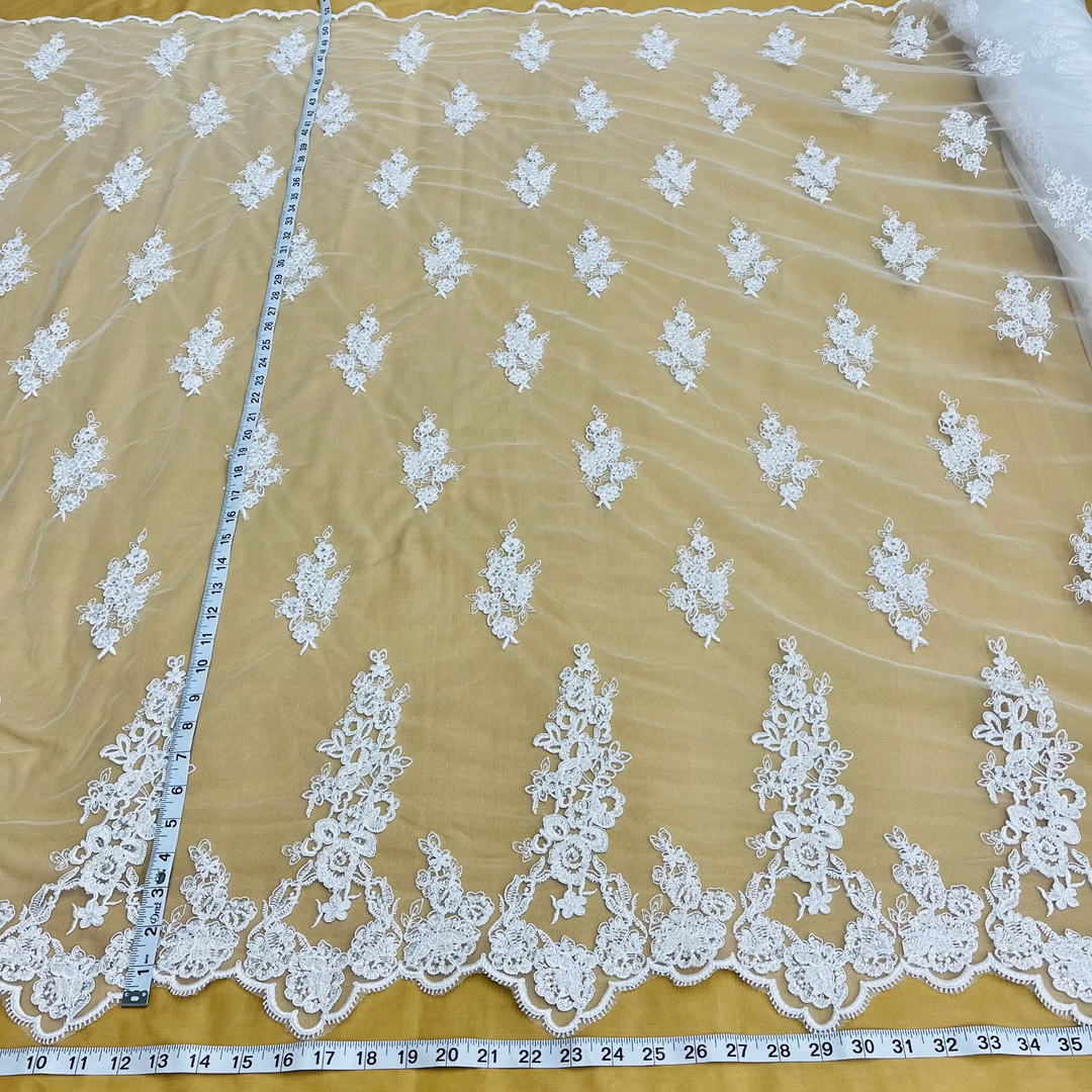  White Beaded & Corded Bridal Lace Fabric Embroidered on 100% Polyester Net Mesh with measureing tape | Lace USA 91443W-HB
