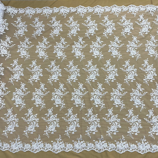 White corded floral lace fabric with scalloped edges for bridal, baptism, and communion dresses| Lace USA - 97154W