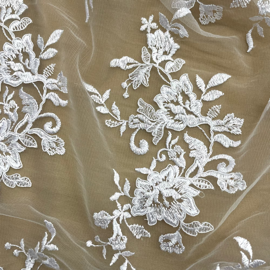 White corded floral lace fabric with scalloped edges for bridal, baptism, and communion dresses – Lace USA 97154W