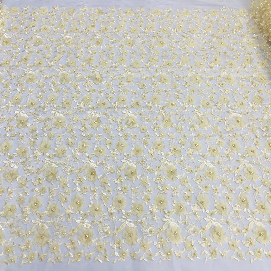 Yellow Floral Embroidered & Beaded Net Fabric with Beads. Lace USA
