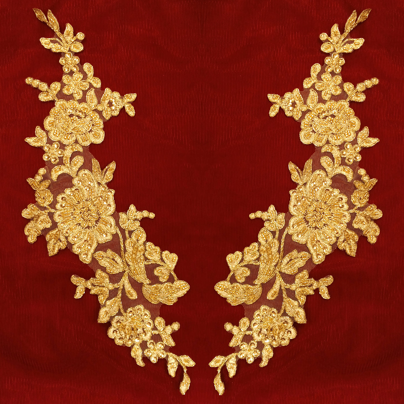 Beaded & Corded Gold Floral Appliqué Lace Embroidered on 100% Polyester Organza or Net Mesh. This can be applied to Theatrical dance ballroom costumes, bridal dresses, bridal headbands endless possibilities.  Sold By Pair.  Lace Usa