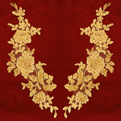 Beaded & Corded Gold Floral Appliqué Lace Embroidered on 100% Polyester Organza or Net Mesh. This can be applied to Theatrical dance ballroom costumes, bridal dresses, bridal headbands endless possibilities.  Sold By Pair.  Lace Usa