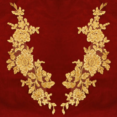 Beaded & Corded Gold Floral Appliqué Lace Embroidered on 100% Polyester Organza or Net Mesh. This can be applied to Theatrical dance ballroom costumes, bridal dresses, bridal headbands endless possibilities.  Sold By Pair.  Lace Usa