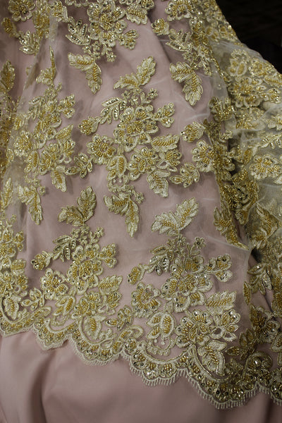 Embroidered & Corded Gold Net Mesh Fabric with Sequin & Beads. Sold by the yard Lace Usa