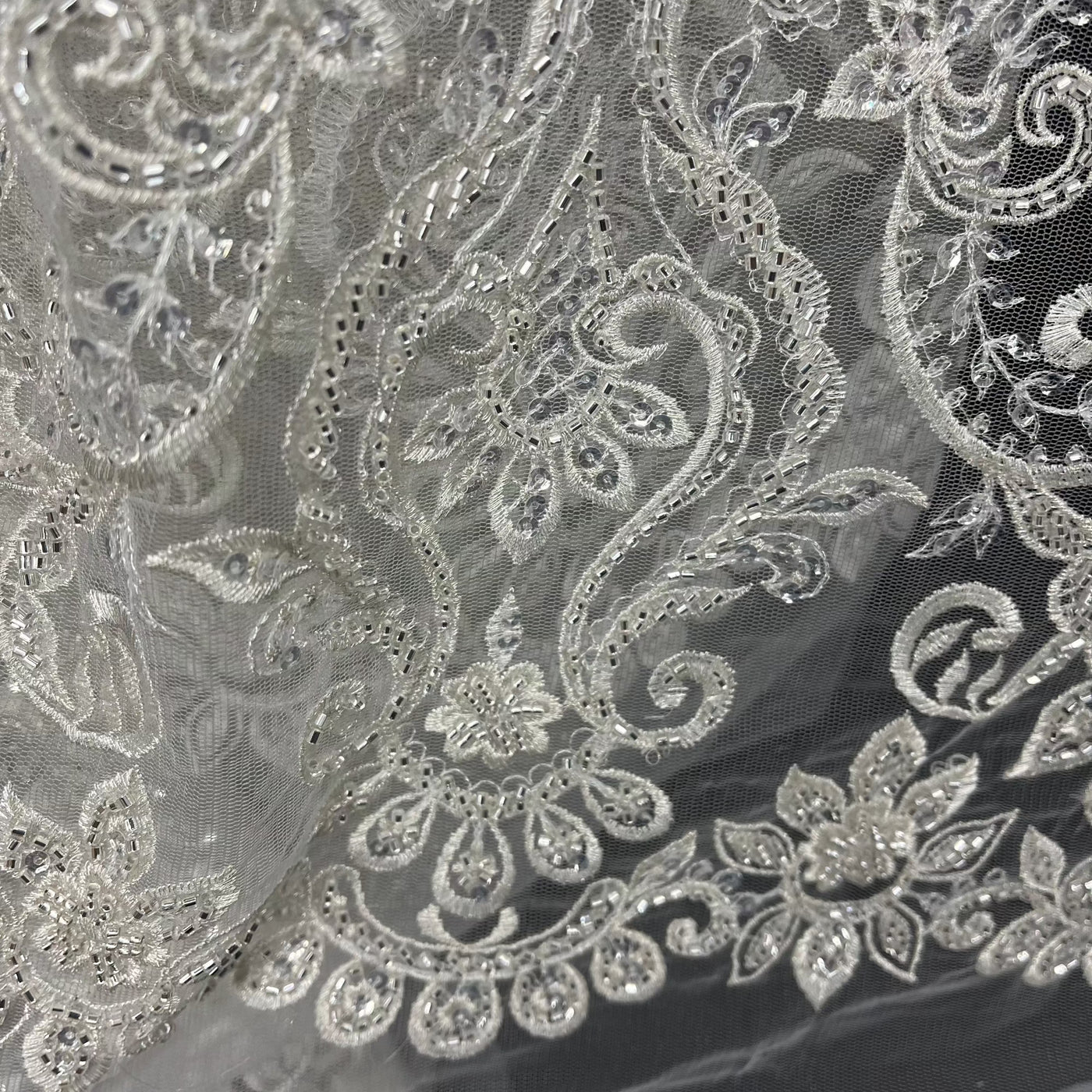 Beaded & Sequined Lace Fabric Embroidered on 100% Polyester Net Mesh | Lace USA - GD-12156 Ivory with Silver