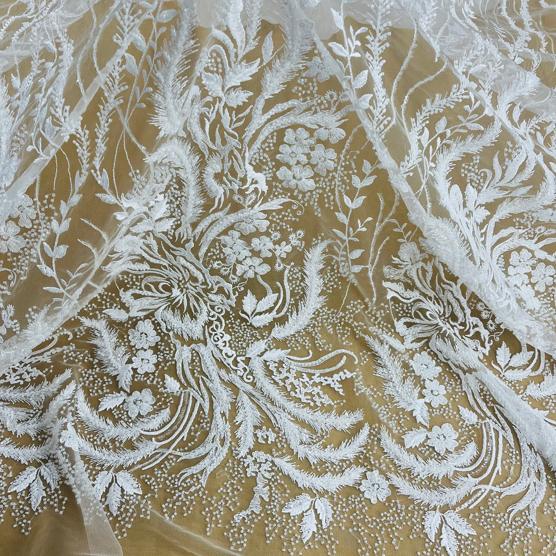 Netted Lace Beaded Lace Fabric Embroidered on 100% Polyester Net Mesh | Lace USA