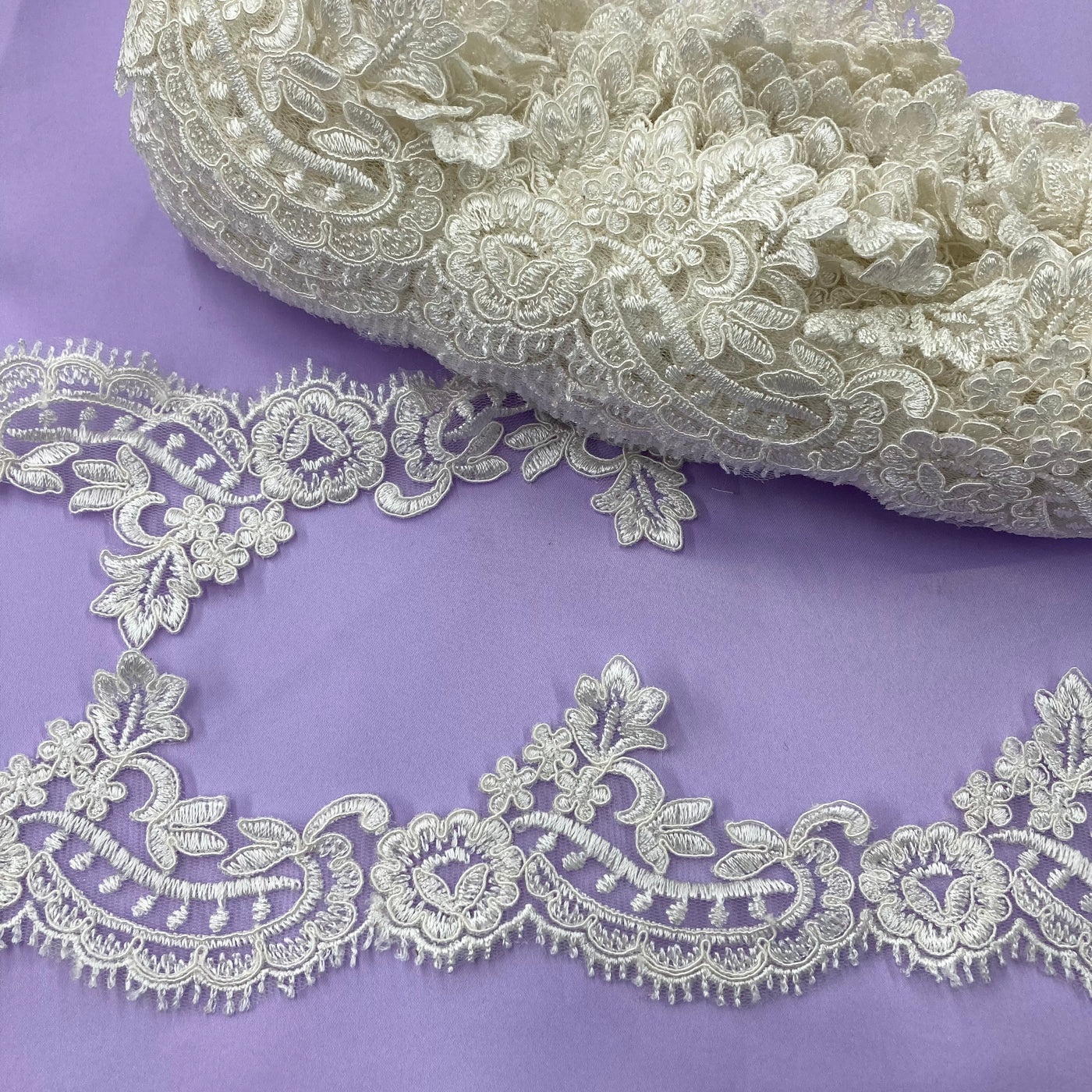Corded Lace Trimming Embroidered on Poly. Net Mesh. Lace USA