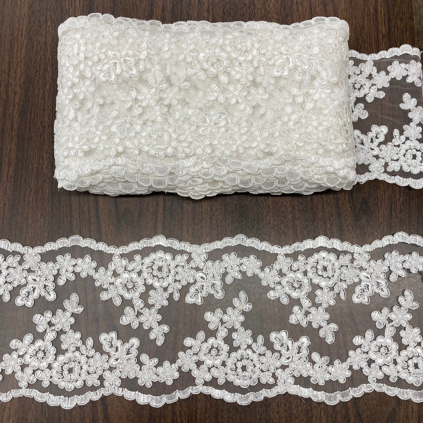 Corded & Embroidered Double Sided Trimming on Ivory  Mesh Net Lace. Lace Usa