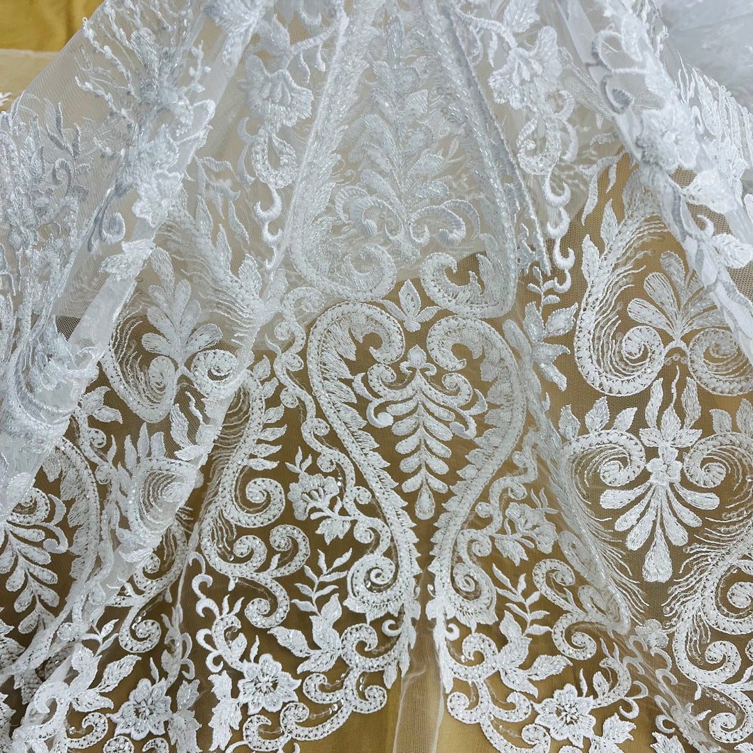 Netted Lace Beaded Lace Fabric Embroidered on 100% Polyester Net Mesh | Lace USA