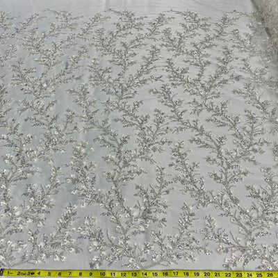 Tela de encaje floral 3D con cuentas bordada en malla de red 100 % poliéster | Encaje EE. UU.