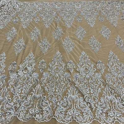 Beaded & Sequined Lace Fabric Embroidered on 100% Polyester Net Mesh | Lace USA - GD-13314 Silver
