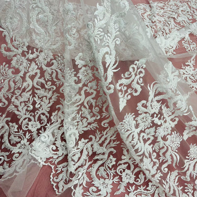 Beaded & Sequined Lace Fabric Embroidered on 100% Polyester Net Mesh | Lace USA - GD-13314 White