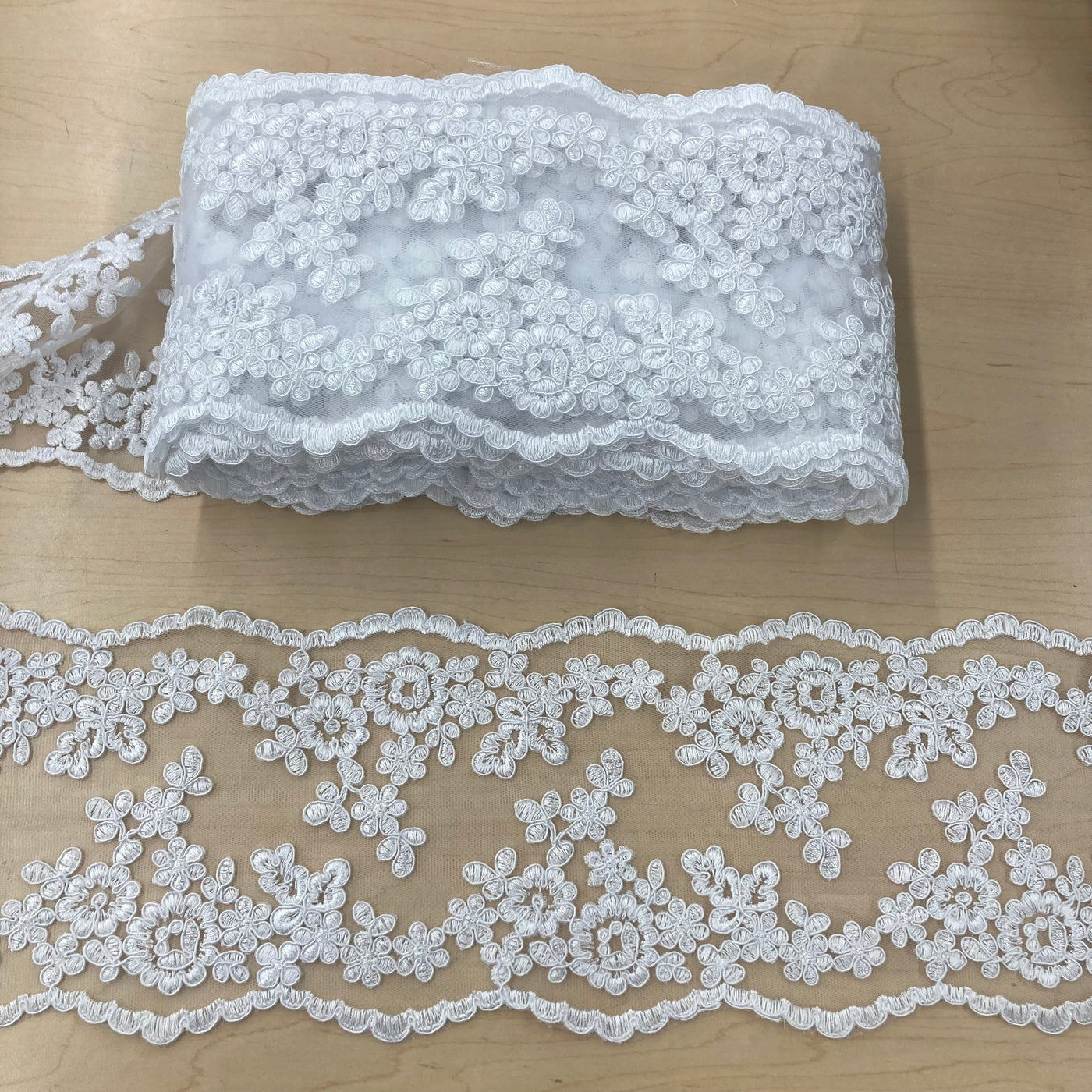 Corded & Embroidered Double Sided Trimming on White Mesh Net Lace. Lace Usa