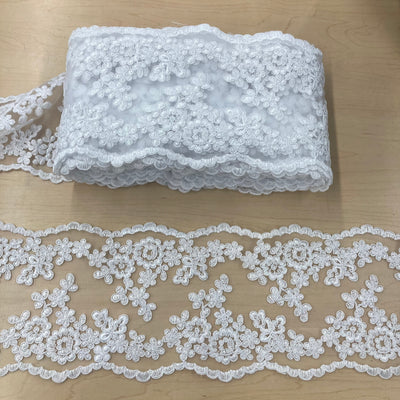 Corded & Embroidered Double Sided Trimming on White Mesh Net Lace. Lace Usa