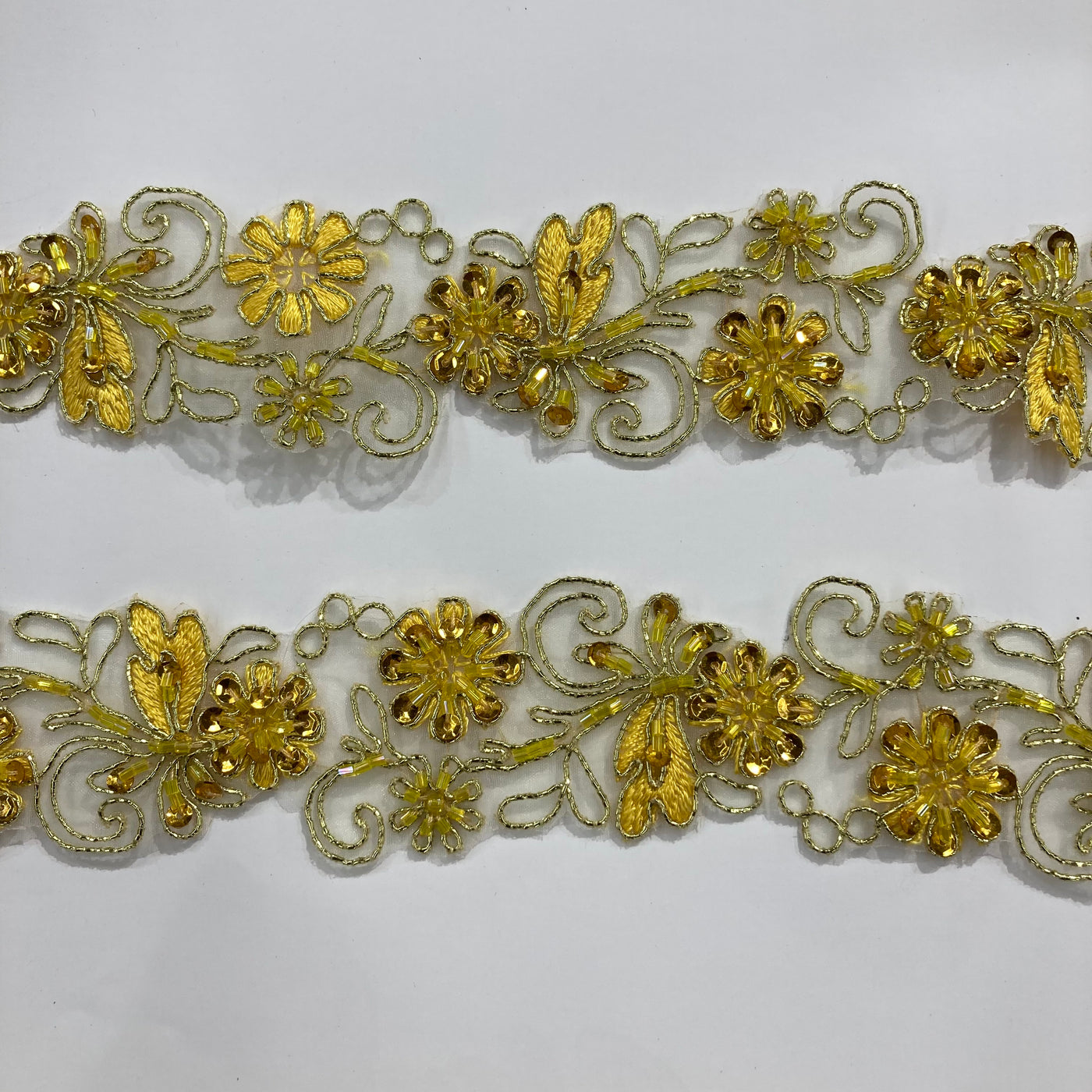 Beaded, Corded & Embroidered Yellow with Gold Trimming. Lace Usa