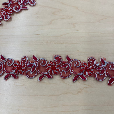 Beaded, Corded & Embroidered Red with Silver Trimming. Lace Usa