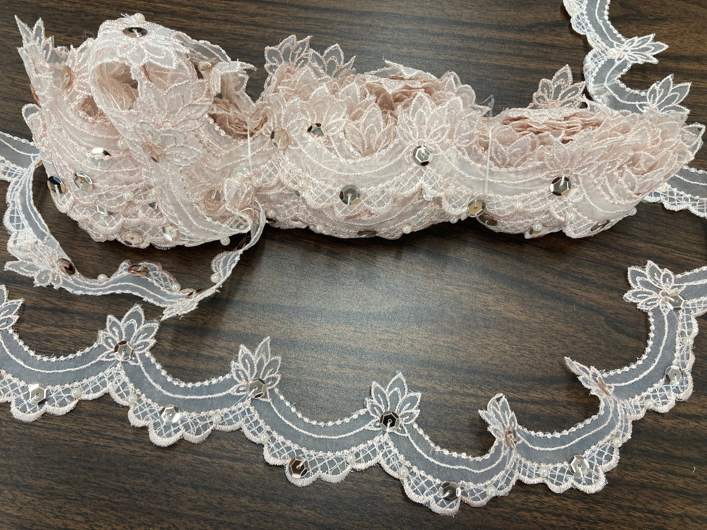 Beaded Blush Lace Trim Embroidered on 100% Polyester Organza . Large Arch Scalloped Trim. Formal Trim. Perfect for Edging and Gowns.  Sold by the Yard.  Lace Usa