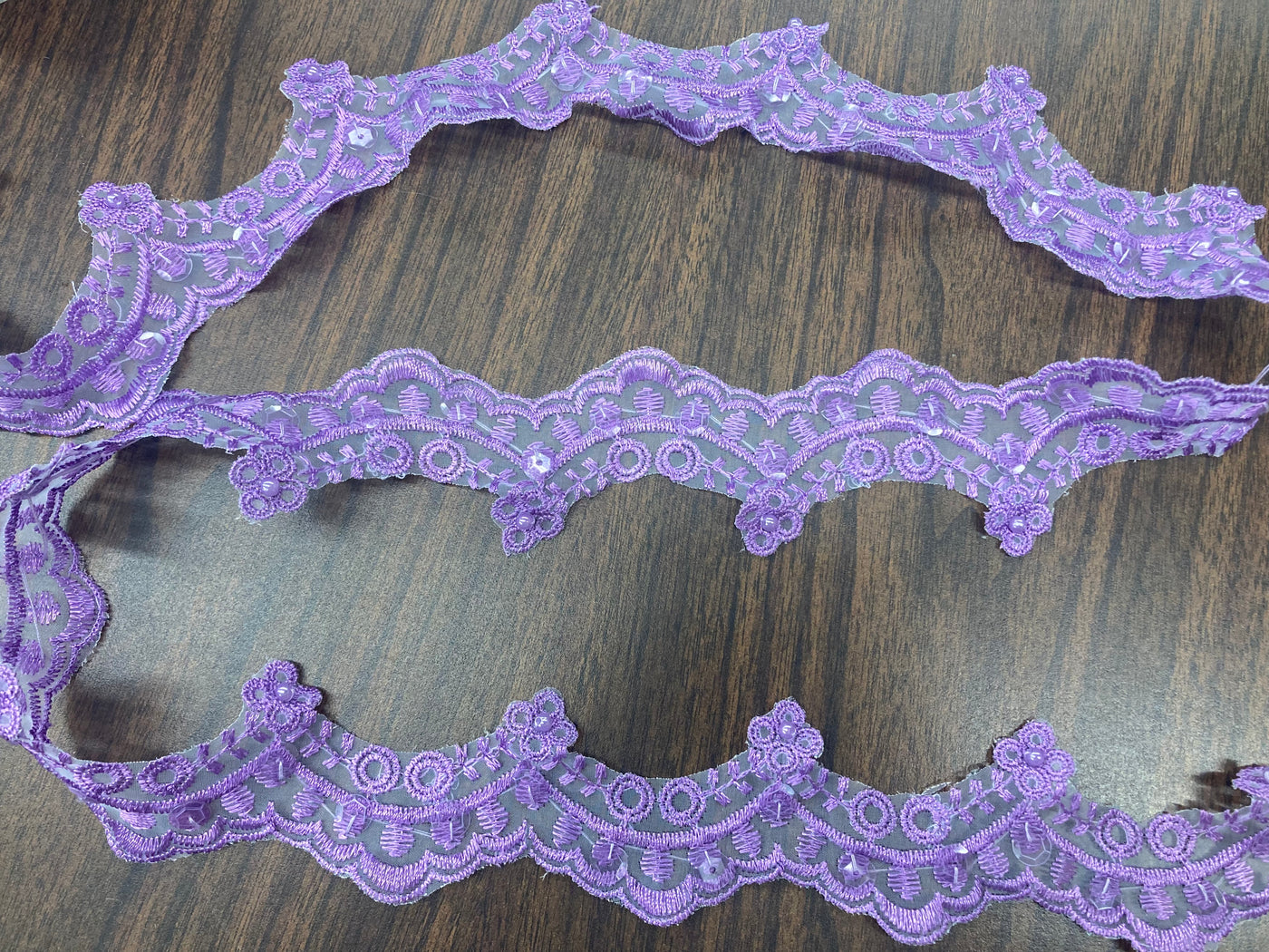 Beaded Lilac Lace Trim Embroidered on 100% Polyester Organza . Large Arch Scalloped Trim. Formal Trim. Perfect for Edging and Gowns. Sold by the Yard. Lace Usa