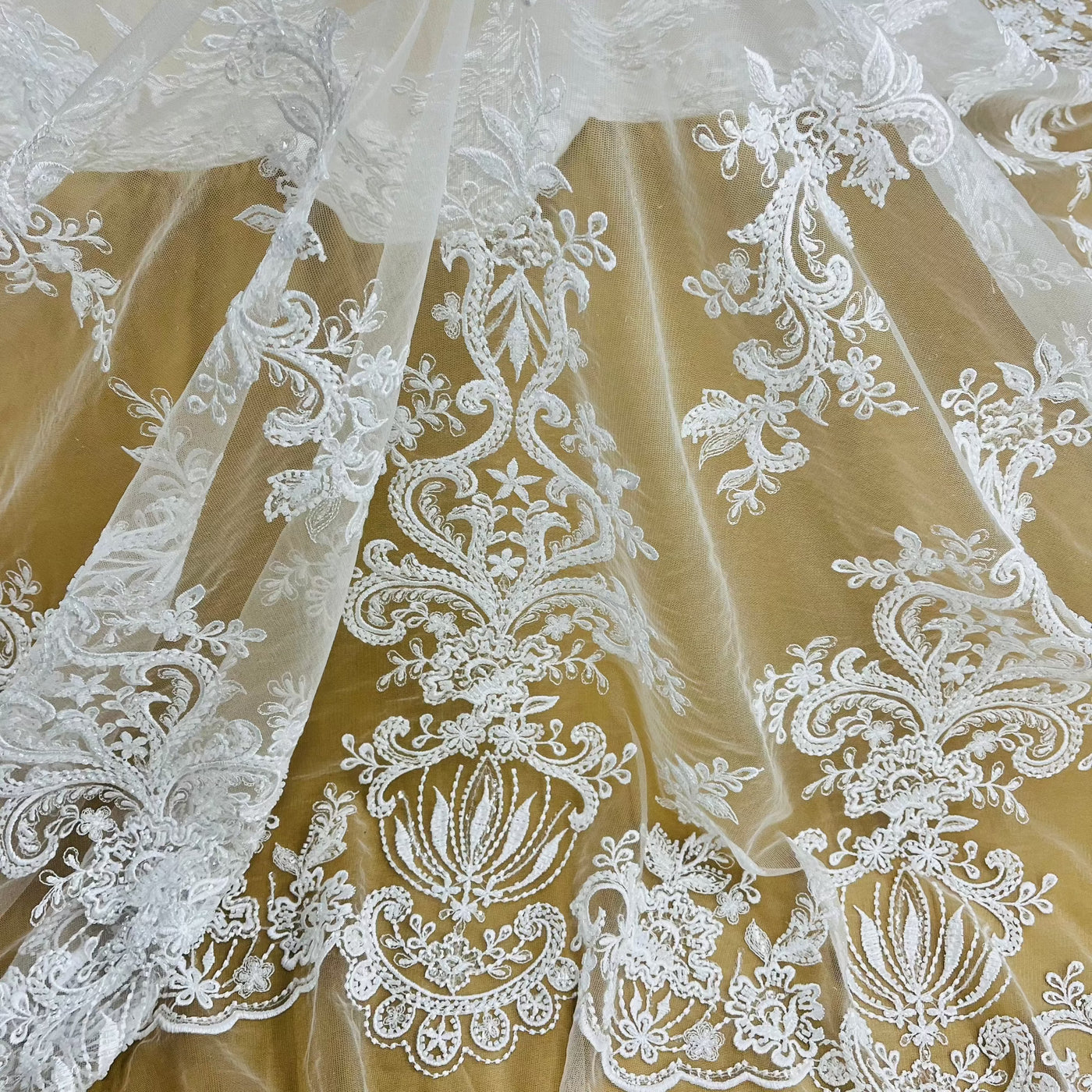 Beaded Lace Fabric Embroidered on 100% Polyester Net Mesh | Lace USA - GD-12186 White