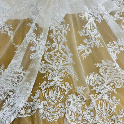Beaded Lace Fabric Embroidered on 100% Polyester Net Mesh | Lace USA - GD-12186 White