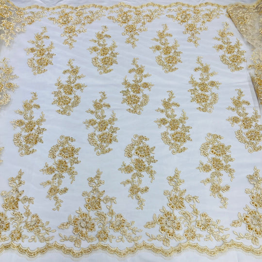 Corded & Beaded Bridal Lace Fabric Embroidered on 100% Polyester Net Mesh. Lace USA