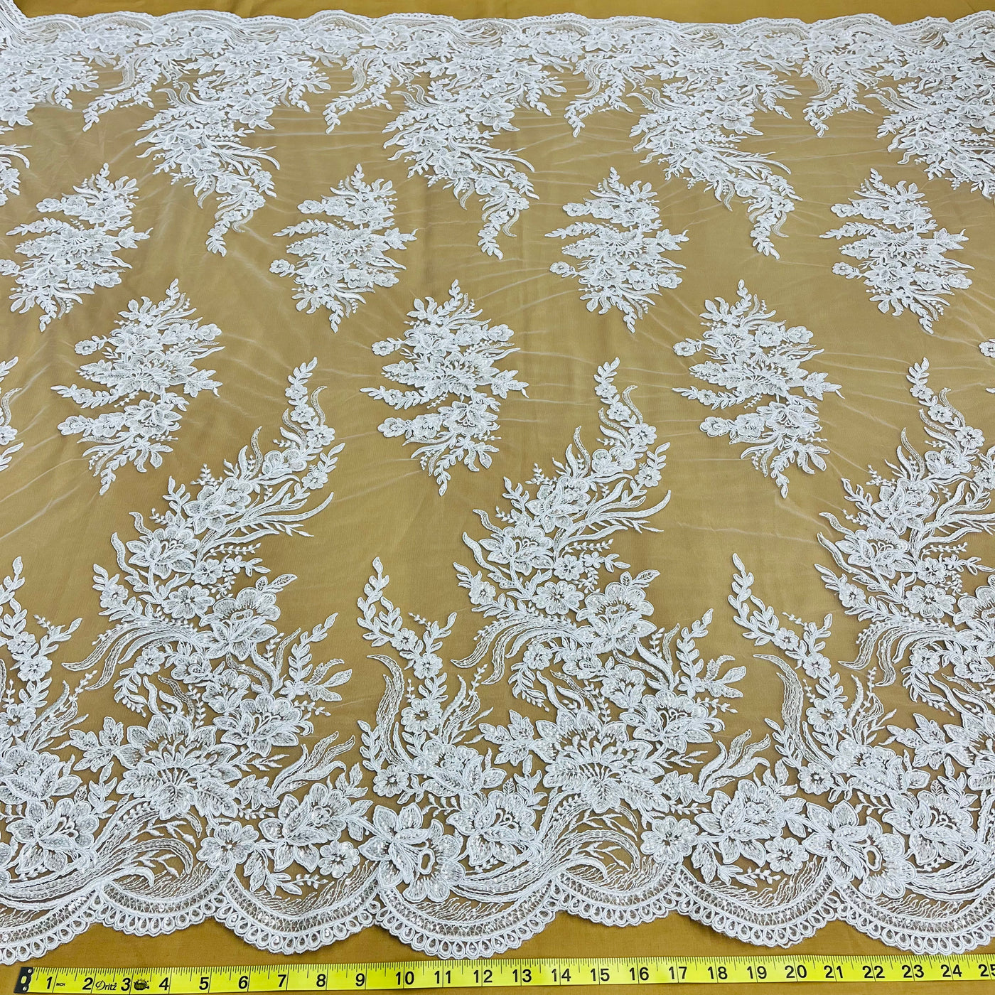 Beaded & Corded Bridal Lace Fabric Embroidered on 100% Polyester Net Mesh | Lace USA