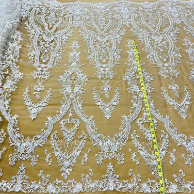 Beaded Lace Fabric Embroidered on 100% Polyester Net Mesh | Lace USA - GD-227239 White
