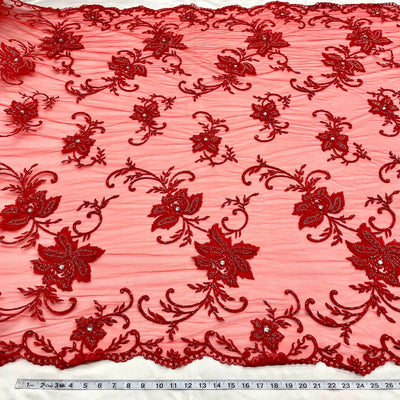 Beaded & Sequined Lace Fabric Embroidered on 100% Polyester Net Mesh | Lace USA - 41963W-BP Red